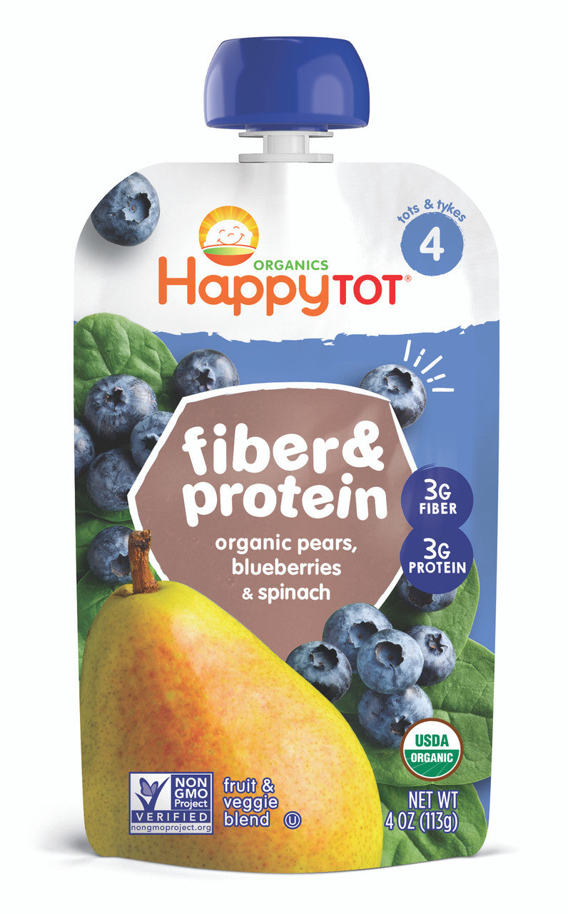 Happy Tot Organics Fiber & Protein, Pears, Blueberries and Spinach (16x4 OZ)