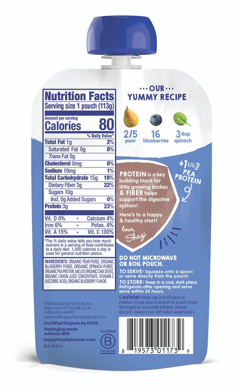 Happy Tot Organics Fiber & Protein, Pears, Blueberries and Spinach (16x4 OZ)